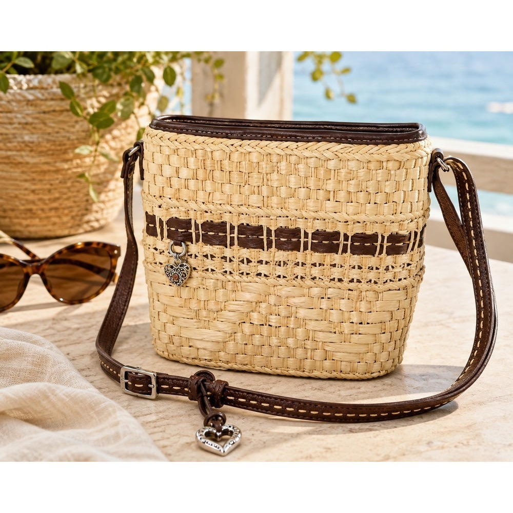 Brighton Straw Crossbody Bag Woven Brown Leather Heart Charm Y2K Summer Purse